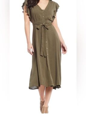 Gianni Bini Olive Button-Front Midi Dress with Tie Waist NWT